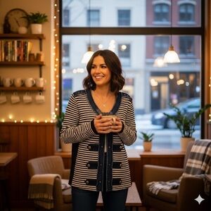 Orly Blue White Striped Denim Zip Front Sweater Jacket Size XL